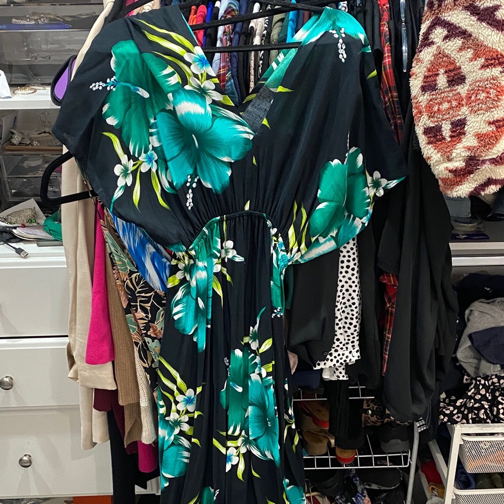 Floral Maxi Dress with Green and Blue Hibiscus